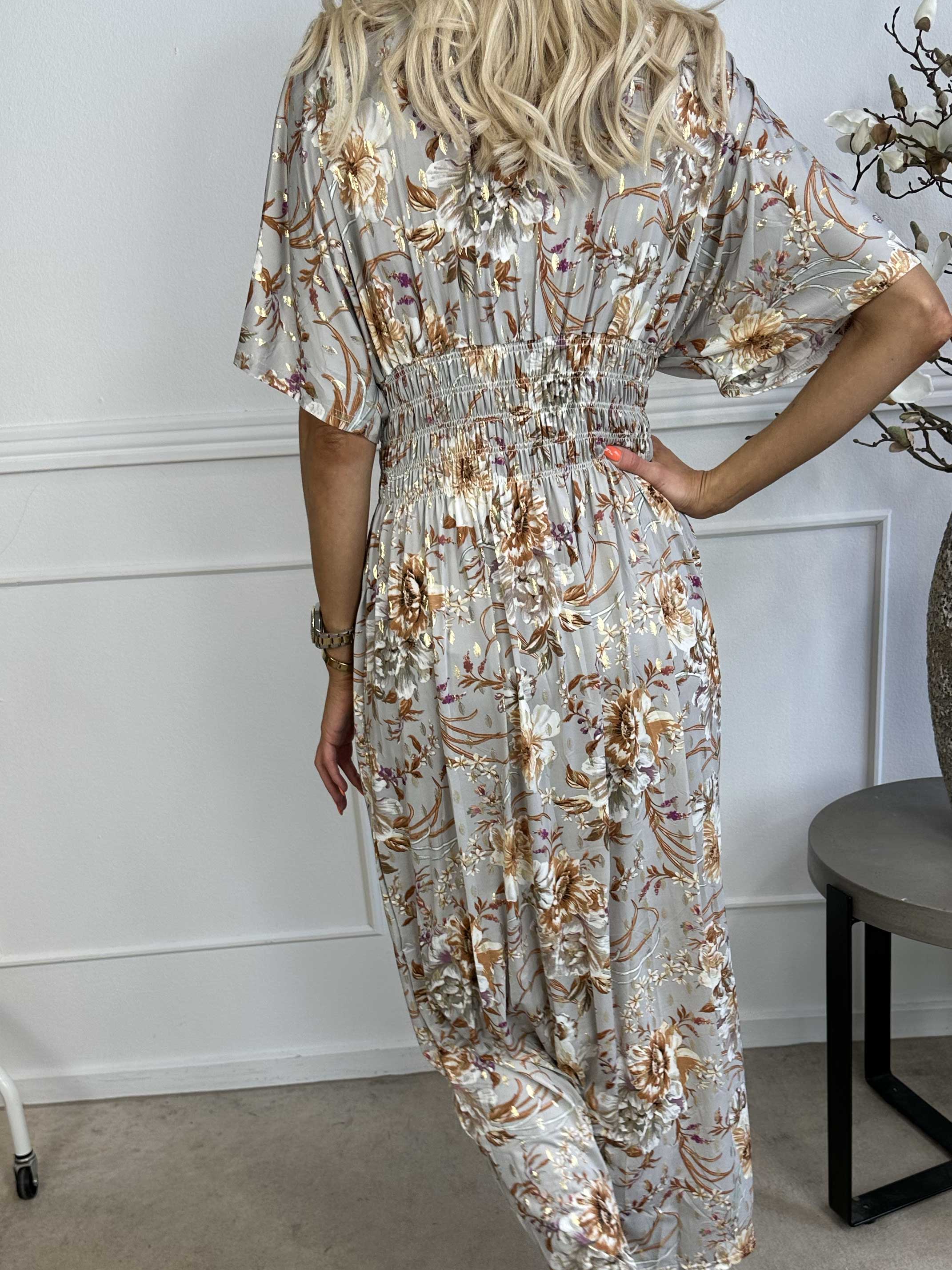 Pams Gold Flower - Lång klänning med resår i skrynkelfritt tyg